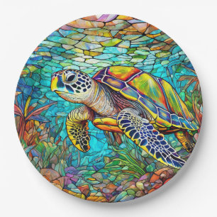 Sea turtle stained glass paper plate