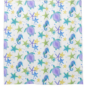 Sea Turtle Starfish Seahorse Watercolor Beach Shower Curtain