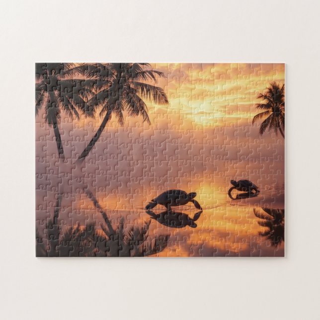 Sea turtle sunset at the beach jigsaw puzzle (Horizontal)