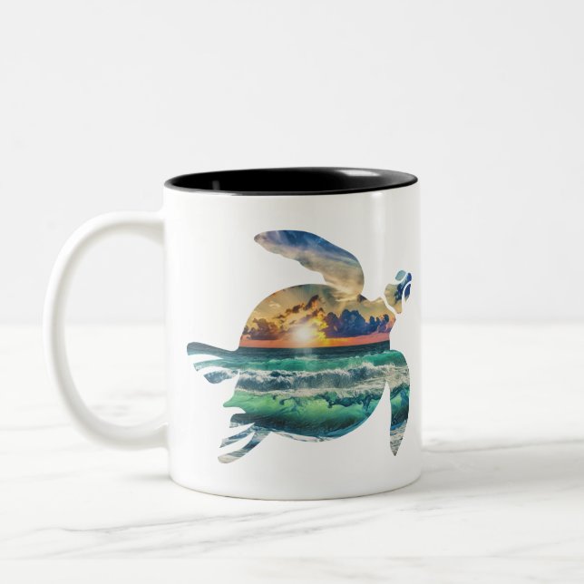 Sea Turtle Sunset Beach Two-Tone Coffee Mug (Left)