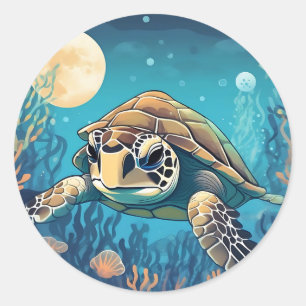 Sea Turtle Swimming at Night Classic Round Sticker