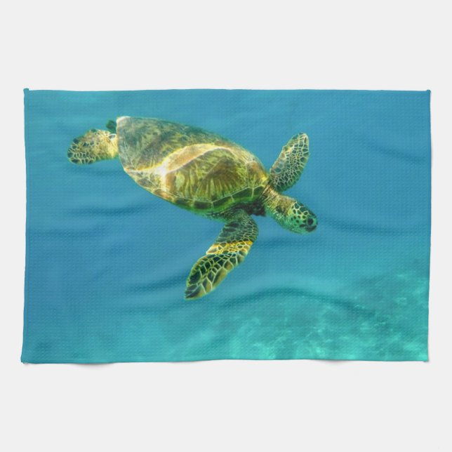 Sea Turtle swimming in turquoise ocean water Tea Towel (Horizontal)