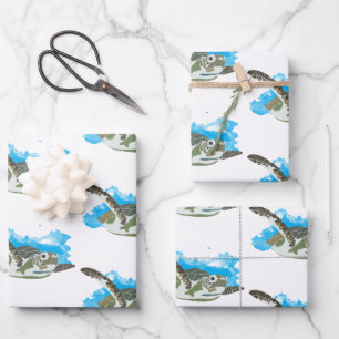 Sea Turtle Swimming in Watercolor Design Wrapping Paper Sheet