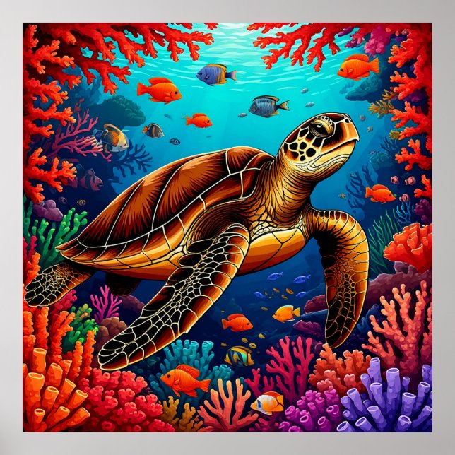 🐢 Sea Turtle Swimming Over Coral Reef Wall Art 🌊 (Front)