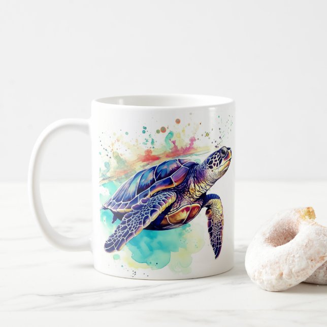 Sea Turtle Swimming watercolor painting Coffee Mug (With Donut)