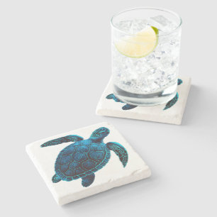 Sea turtle, tattoo style, blue digital drawing stone coaster