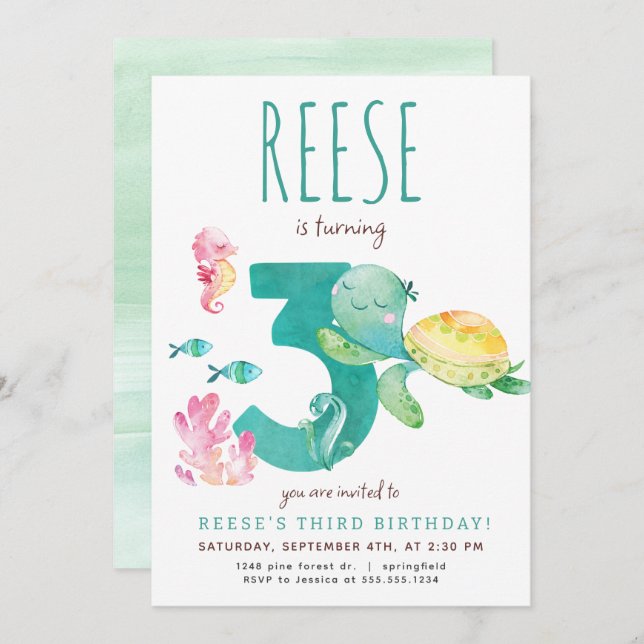 Sea Turtle Third Birthday Invitation (Front/Back)