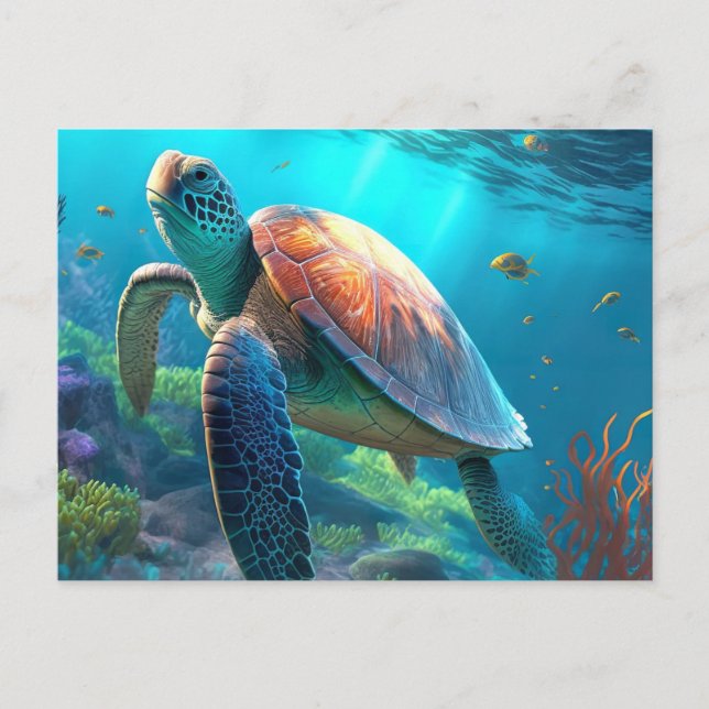 Sea Turtle, Tropical Fish and Coral in Blue Ocean  Postcard (Front)
