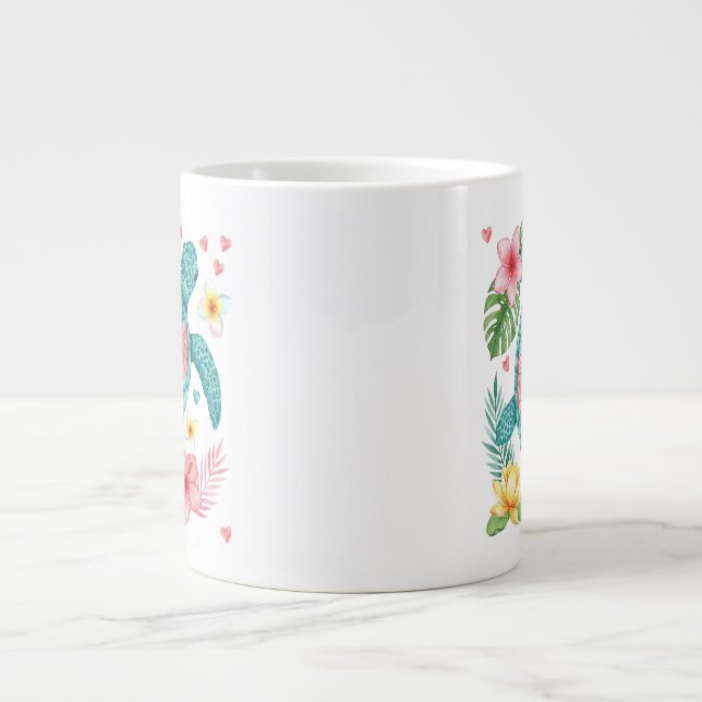 Sea Turtle Tropical Flowers Summer Large Coffee Mug (Front)