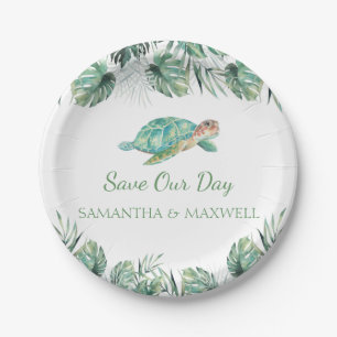 Sea Turtle Tropical Leaves Watercolor Wedding Paper Plate