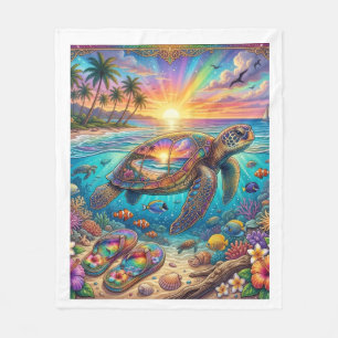 Sea Turtle Tropical Sunset Rainbow Beach Ocean Fle Fleece Blanket