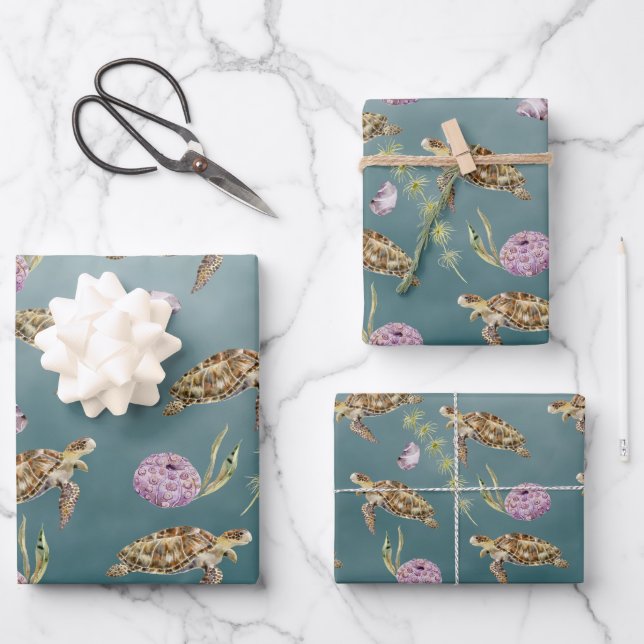 Sea Turtle Under A Deep Green Sea Wrapping Paper Sheet (Front)