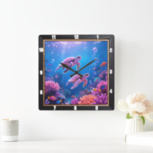 Sea Turtle Underwater Ocean Square Wall Clock