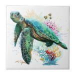 Sea turtle underwater watercolor Style Ceramic Tile<br><div class="desc">Beautiful Sea turtle swimming in peaceful summer underwater created in watercolor style. Original Vector Graphic Art Illustration Copyright BluedarkArt TheCHameleonArt.</div>