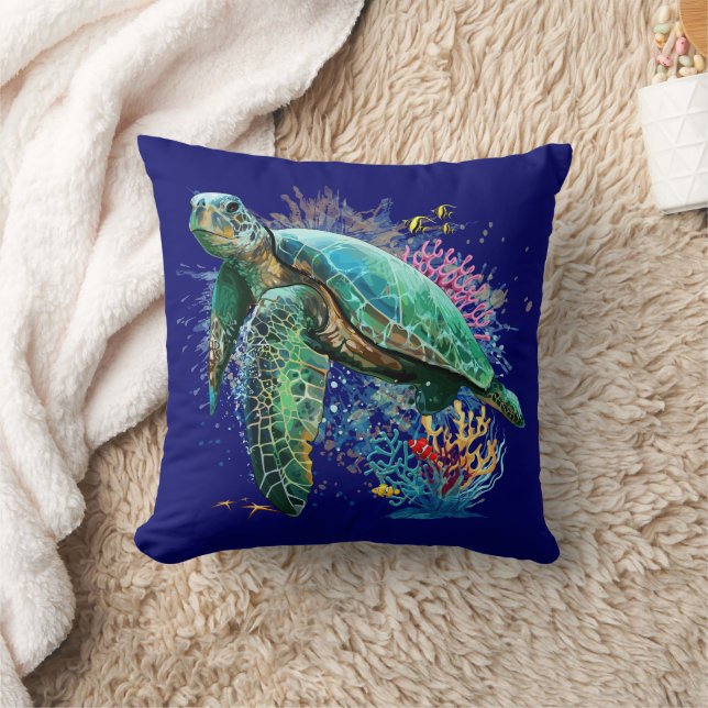 Sea turtle underwater watercolor Style Cushion (Blanket)