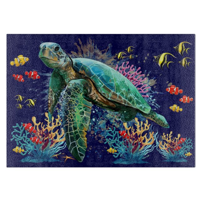 Sea turtle underwater watercolor Style Cutting Board (Front)