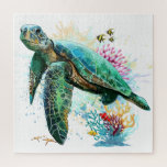 Sea turtle underwater watercolor Style Jigsaw Puzzle<br><div class="desc">Beautiful Sea turtle swimming in peaceful summer underwater created in watercolor style. Original Vector Graphic Art Illustration Copyright BluedarkArt TheCHameleonArt.</div>