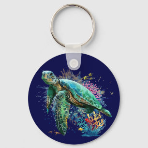 Sea turtle underwater watercolor Style Key Ring