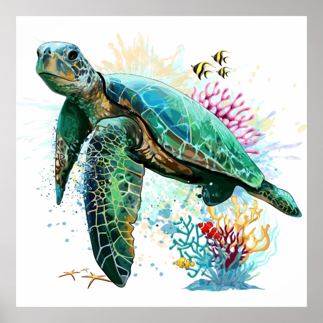 Sea turtle underwater watercolor Style Poster (Front)