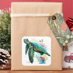 Sea turtle underwater watercolor Style Square Sticker