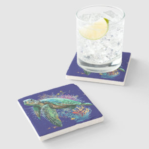 Sea turtle underwater watercolor Style Stone Coaster