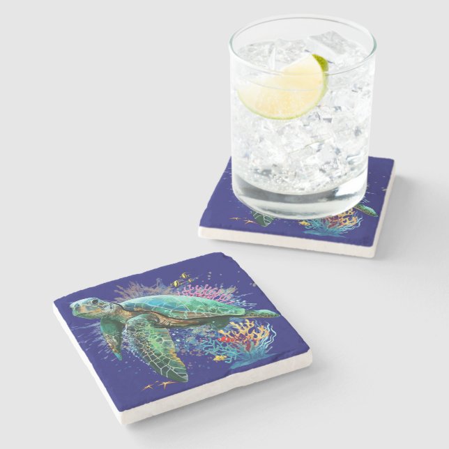 Sea turtle underwater watercolor Style Stone Coaster (Side)