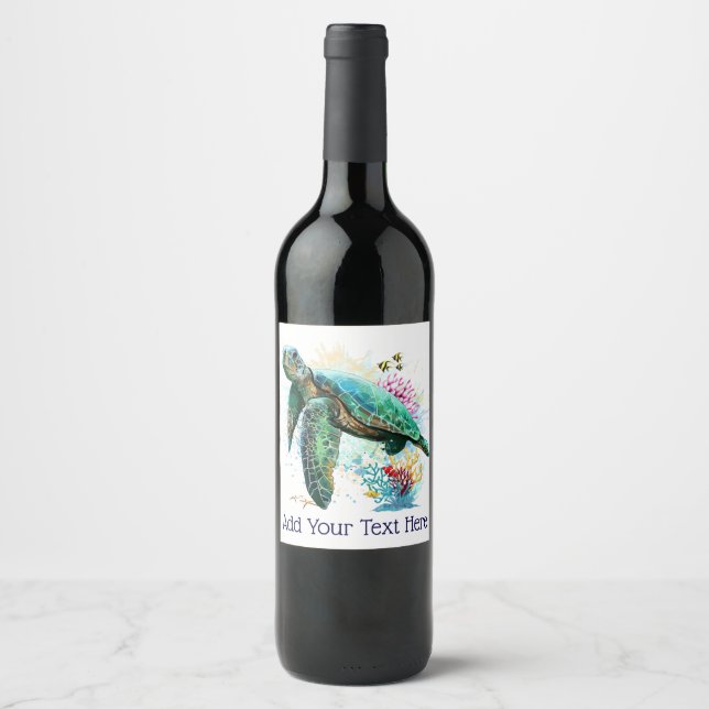 Sea turtle underwater watercolor Style Wine Label (Front)