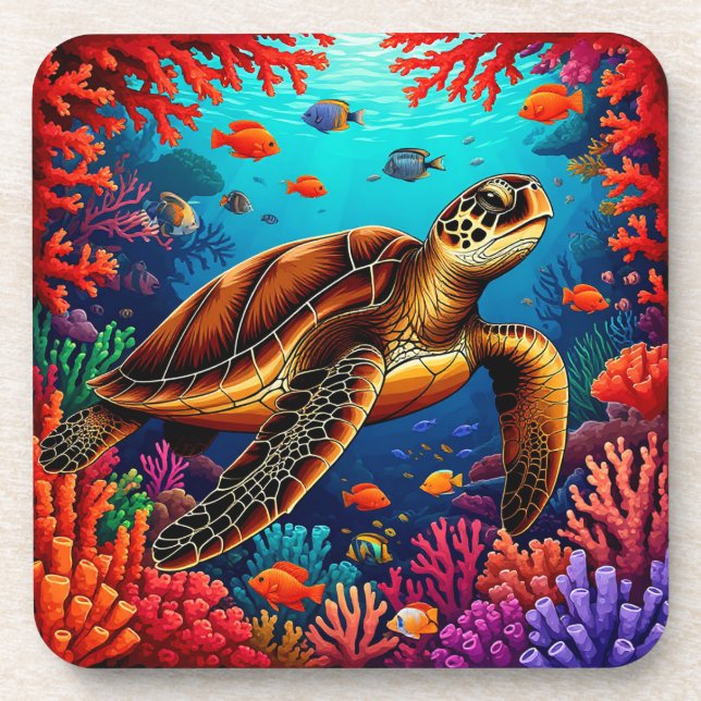 🐢 Sea Turtle Vibrant Coral Reef Ocean Nature  Coaster (Front)