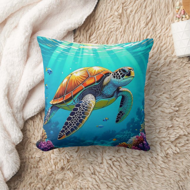 Sea Turtle Vibrant Ocean Illustration Cushion (Blanket)