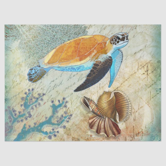 Sea Turtle Vintage Seashells Decoupage Tissue Paper (Front)