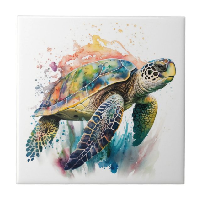 Sea Turtle, Watercolor, Ceramic Tile (Front)