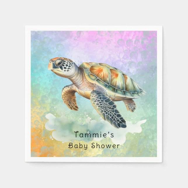 Sea Turtle Watercolor Coloured Bubbles Baby Shower Napkin (Front)