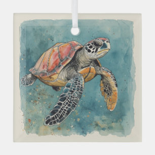 Sea Turtle Watercolor Glass Tree Decoration