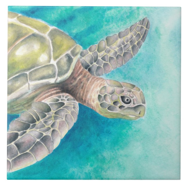 Sea Turtle Watercolor Green Ceramic Tile (Front)