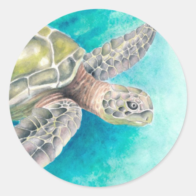 Sea Turtle Watercolor Green Classic Round Sticker (Front)