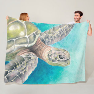 Sea Turtle Watercolor Green Fleece Blanket