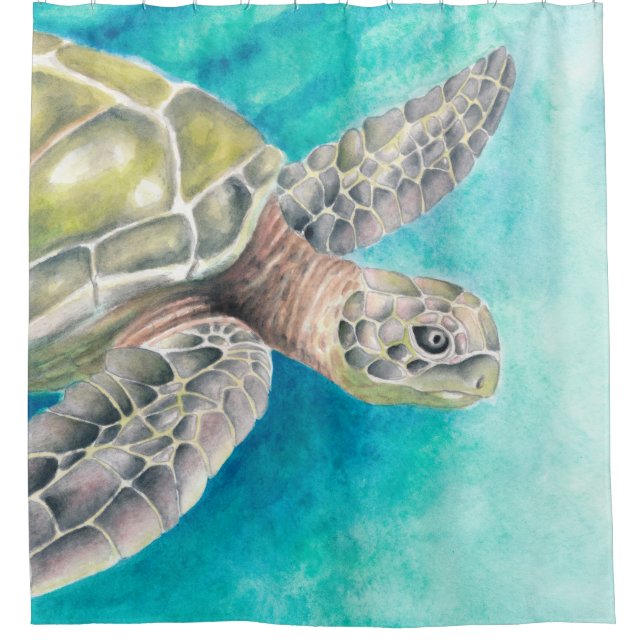 Sea Turtle Watercolor Green Shower Curtain (Front)