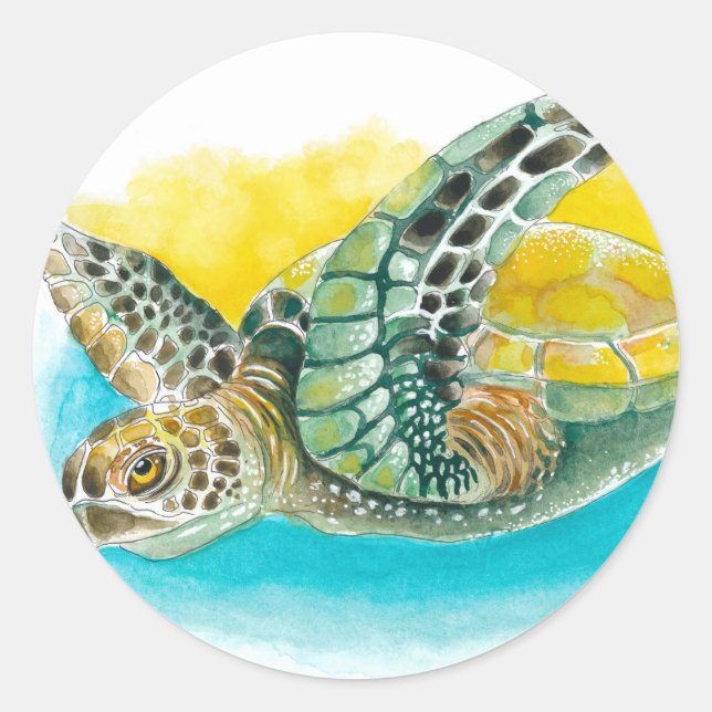 Sea Turtle Watercolor ink Green Classic Round Sticker (Front)