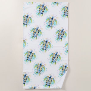 Sea Turtle Watercolor Splash Beach Towel