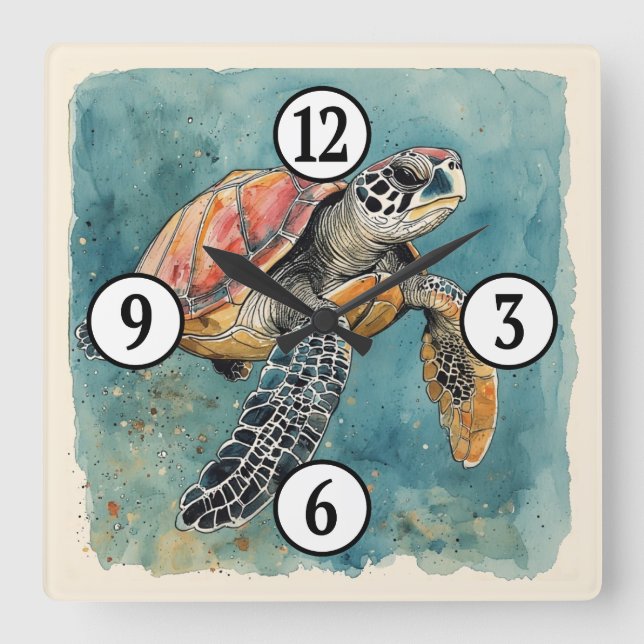 Sea Turtle Watercolor Square Wall Clock (Front)
