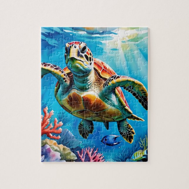 Sea Turtle Watercolor Tropical Ocean Jigsaw Puzzle (Vertical)