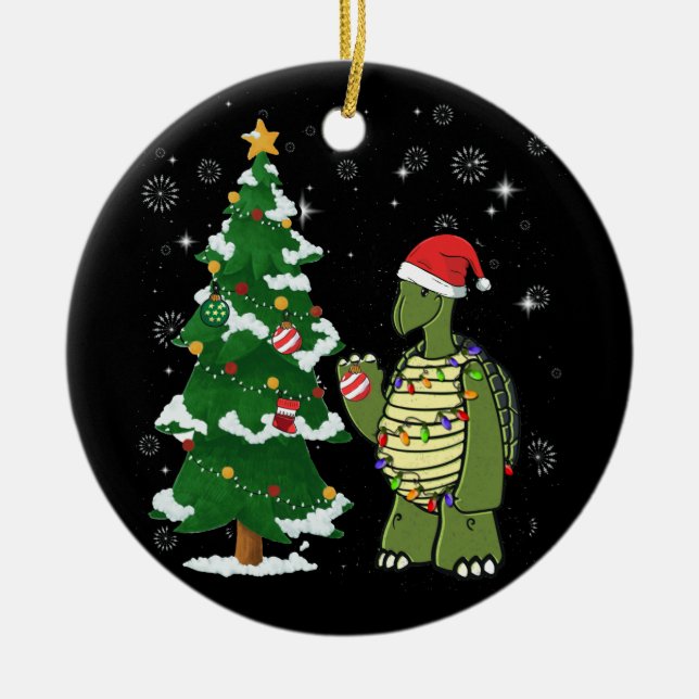 Sea Turtle Wearing Santa Hat Merry Christmas Ceramic Ornament (Front)