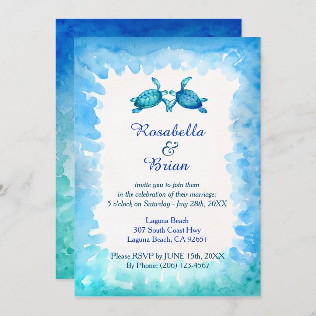Sea Turtle Wedding Invitations - Blue and Green (Front/Back)