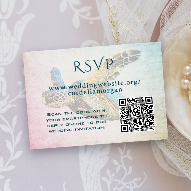 Sea Turtle Wedding RSVP QR code  Enclosure Card (Creator Uploaded)