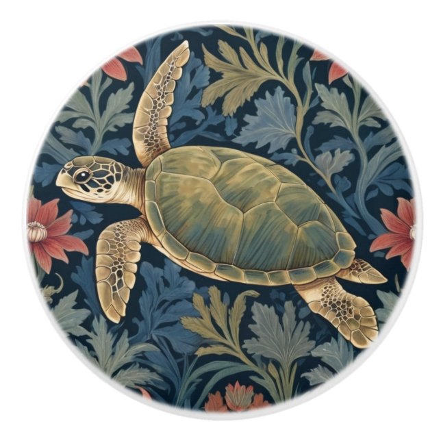 Sea Turtle William Morris style Hawaiian Tropical Ceramic Knob (Front)