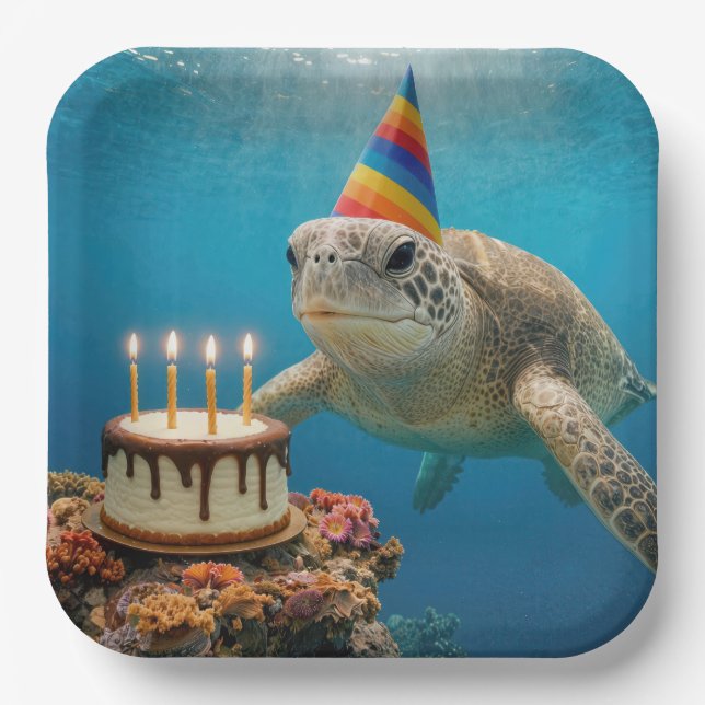 Sea Turtle with Birthday Cake Paper Plate (Front)