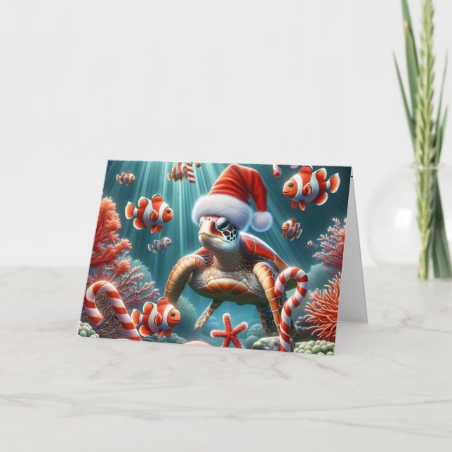 Sea Turtle With Christmas Hat Holiday Card (Front)