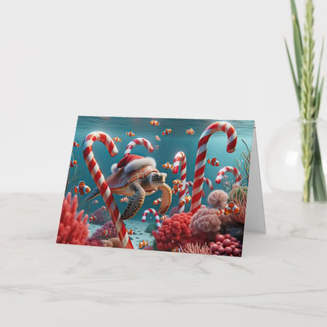 Sea Turtle With Christmas Hat Holiday Card (Front)