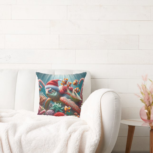 Sea Turtle With Christmas Santa Hat Cushion (Couch)