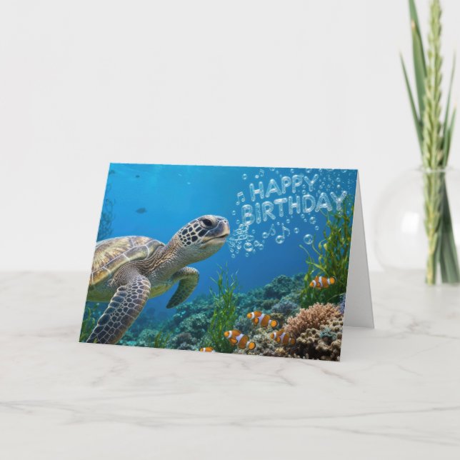 Sea Turtle With Happy Birthday Bubbles Card (Front)
